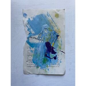 Abstract Mixed Media Art Piece‎ on Torn Book Page Blue Purple Yellow